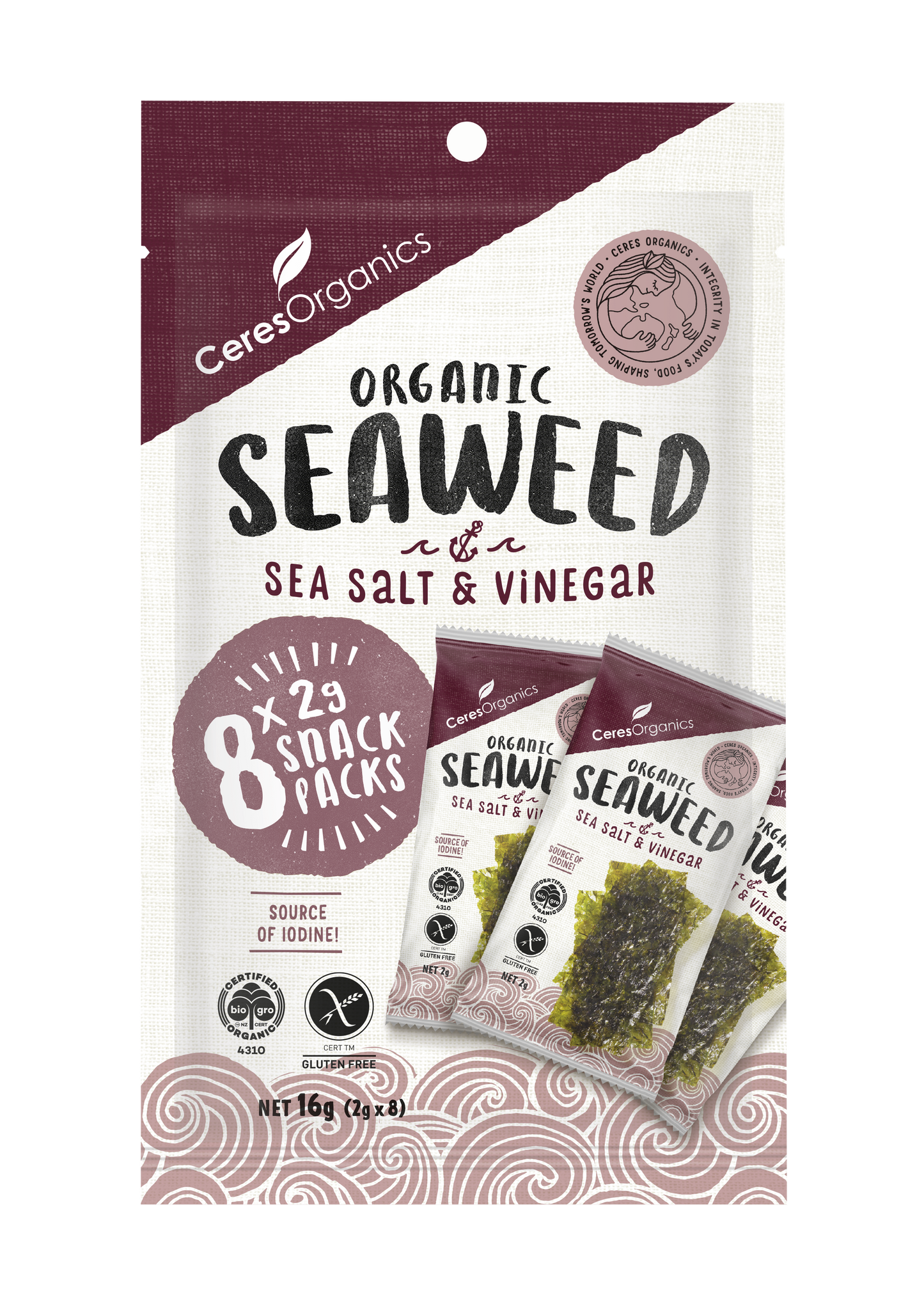 Organic Roasted Seaweed Multipack, Salt & Vinegar Snack, 8x2g - 16g