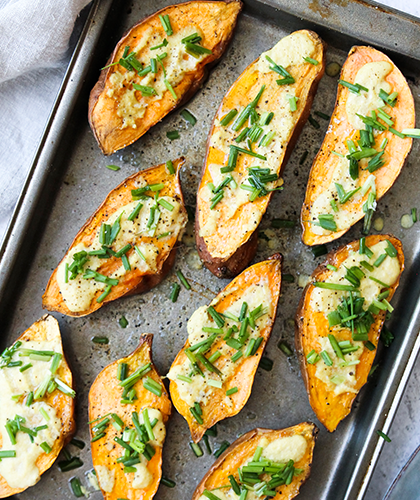 Baked Kumara with Chives and Vegan Cheese Sauce
