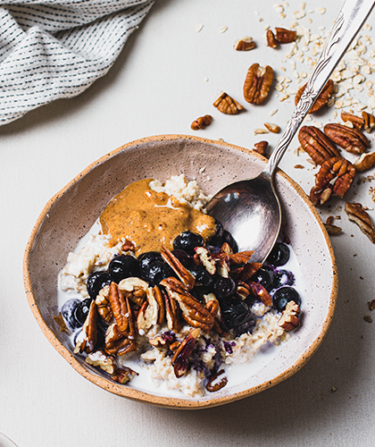 Probiotic Blueberry Porridge with Pecans and Maple Syrup
