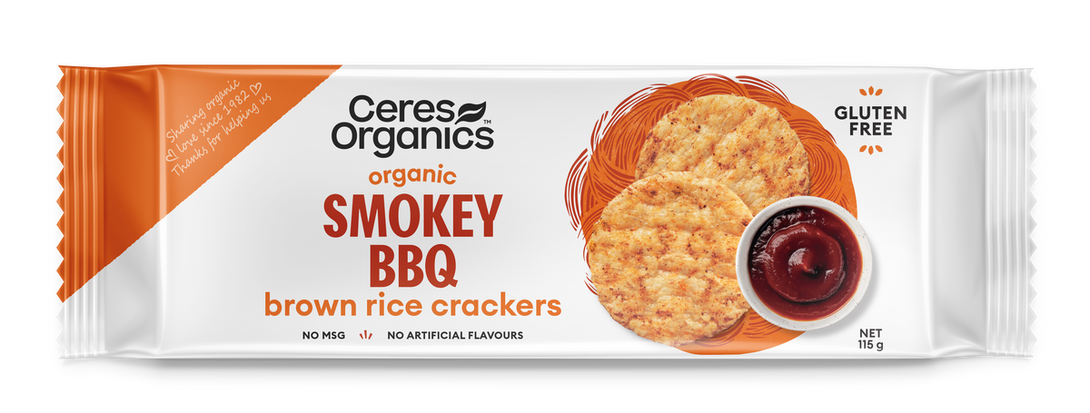 Organic Brown Rice Crackers, Smokey BBQ - 115g – Ceres Organics