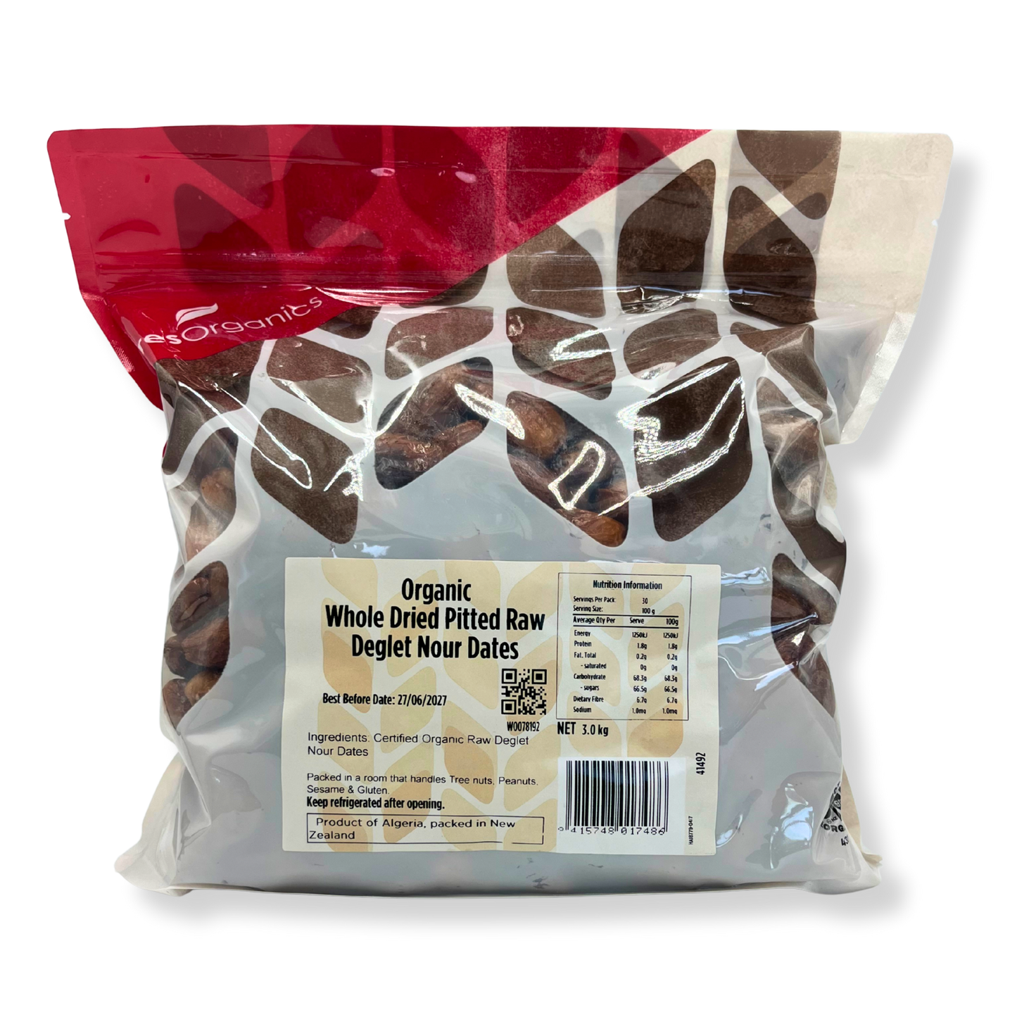 Dates Deglet Nour Whole Dried Pitted Raw Organic - 3kg
